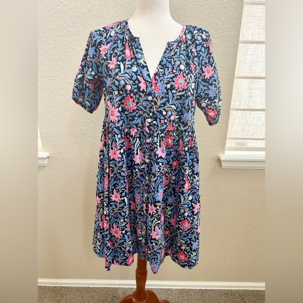 LOFT Navy Floral V-Neck Mini Dress with Pink Accents